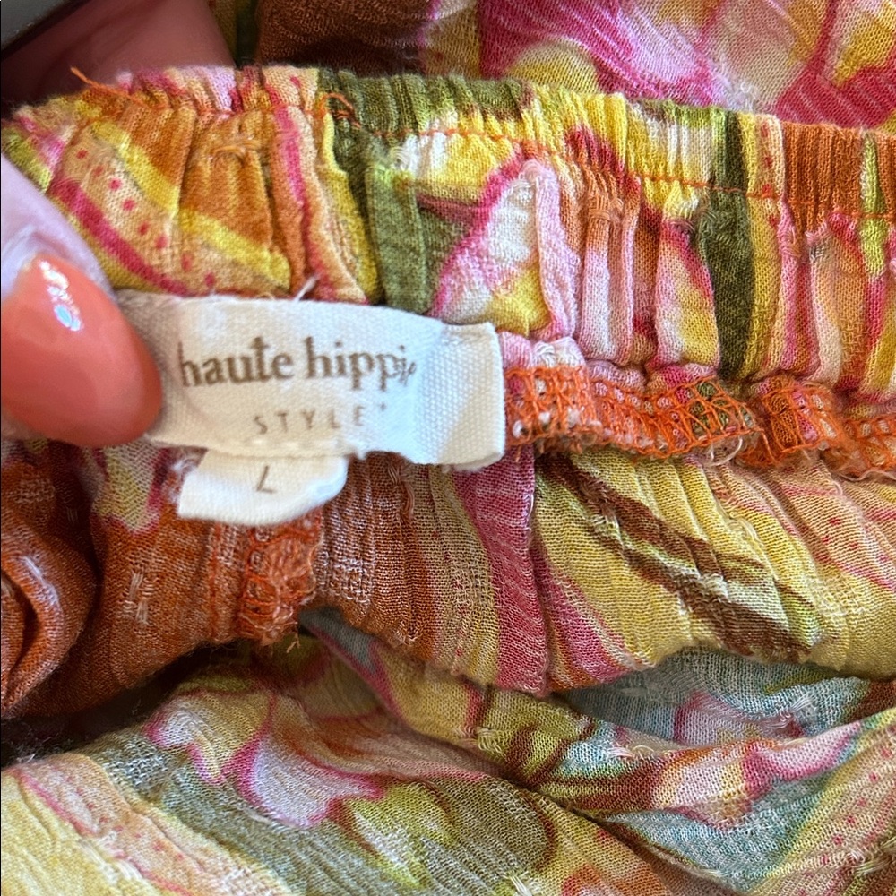 Haute Hippie Orange Yellow Floral Wide Leg Palazzo Print Crepe Pants Size Large - Picture 12 of 13